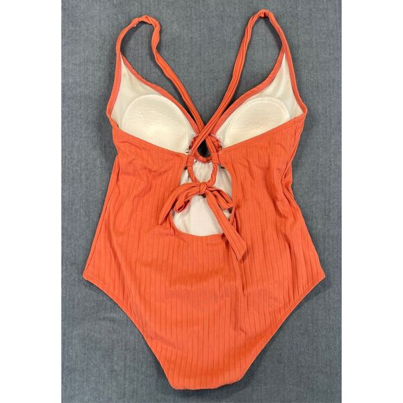 Kona Sol One Piece Swimsuit Women XL Orange Ribbed Ring Front V Neck Summer Swim - Picture 7 of 10